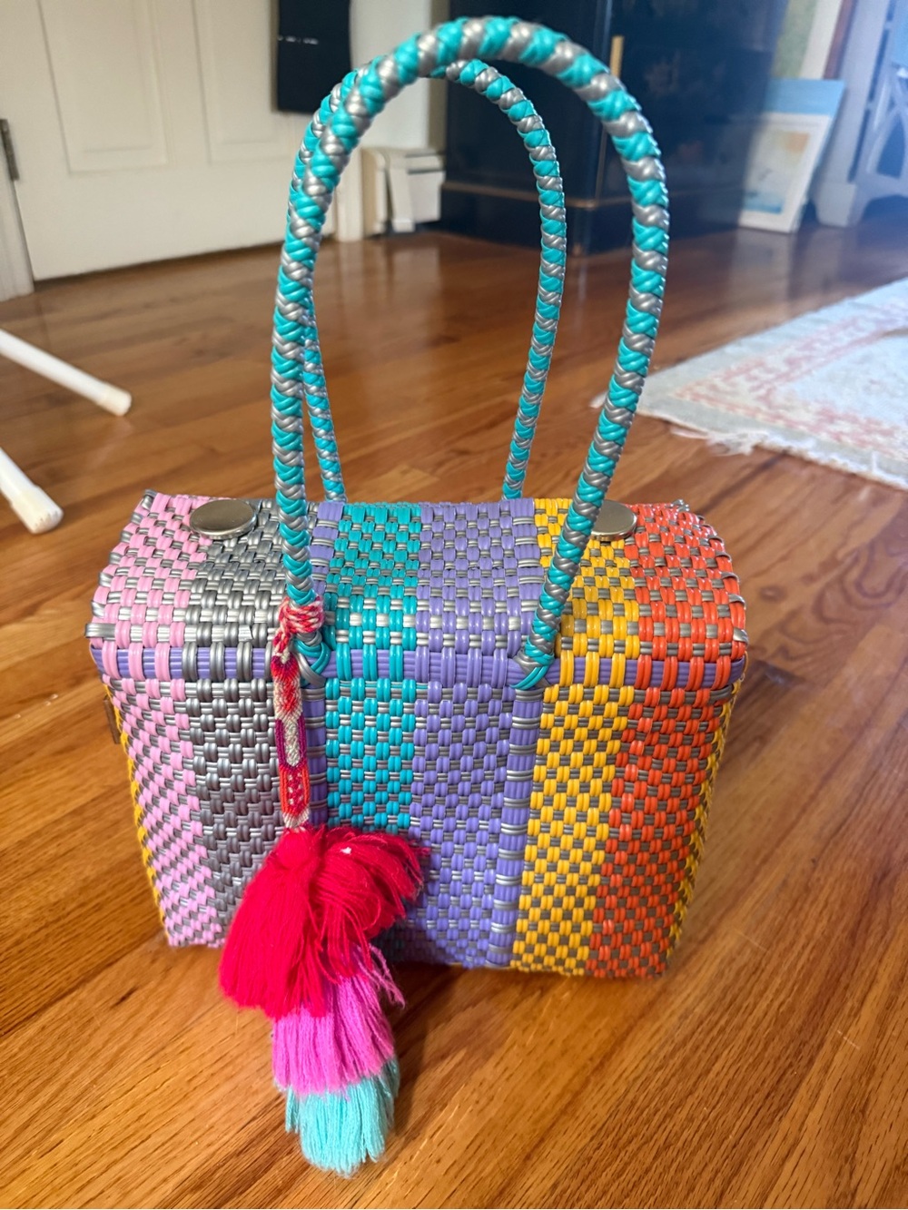 Squeeze De Citron Handwoven Multicolor Tote Bag with PomPom Tassel